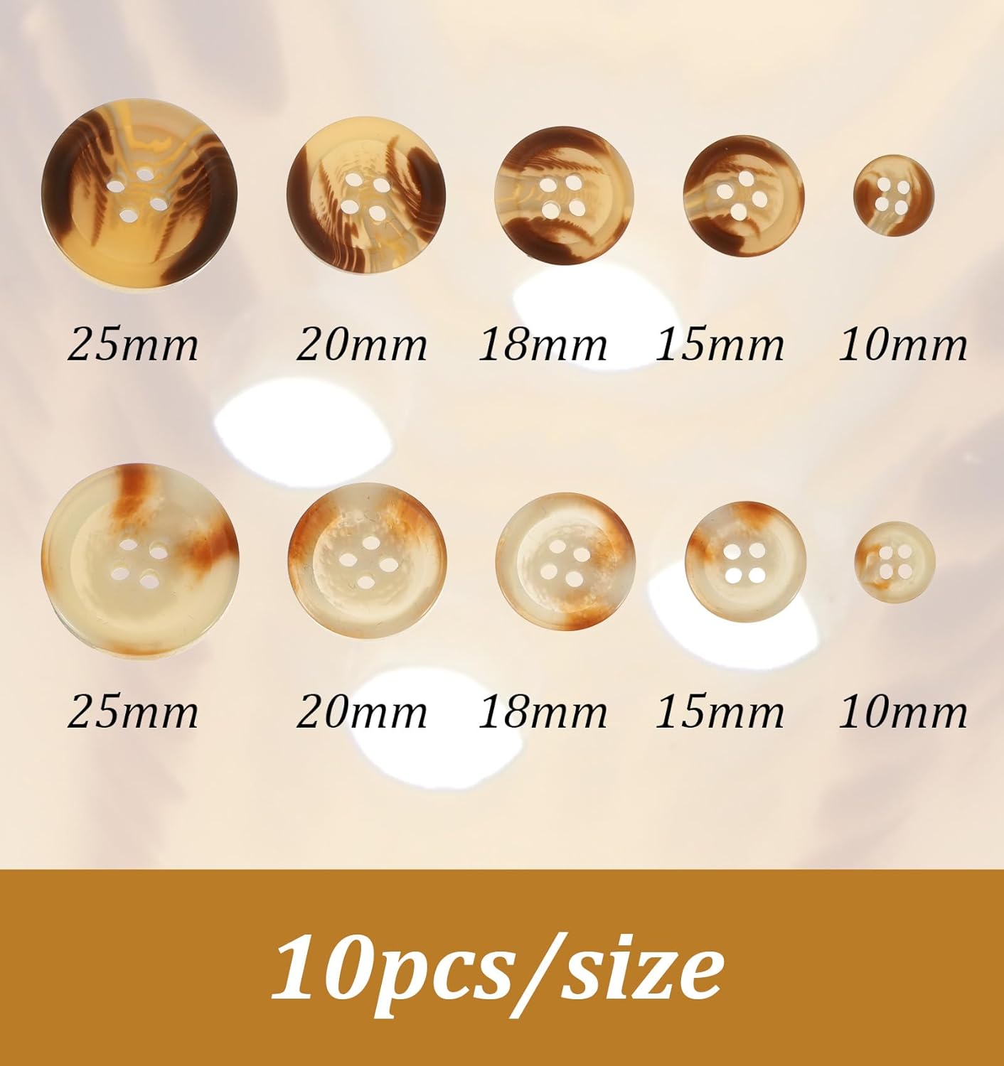 50-Piece Brown Buttons, Resin Coat Buttons for Sewing Shirts Coats & DIY Crafts, 5 Sizes 10mm 15mm 18mm 20mm 25mm