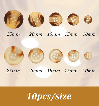 50-Piece Brown Buttons, Resin Coat Buttons for Sewing Shirts Coats & DIY Crafts, 5 Sizes 10mm 15mm 18mm 20mm 25mm