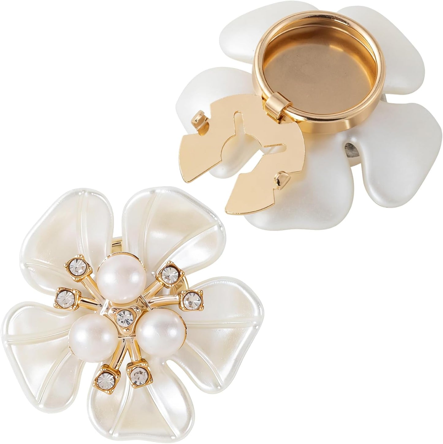 PAGOW 2pcs Pearl Button Jewelry Covers, Alloy Rhinestone Button Covers for Women Blouses, Flower Buttons Clips for Shirts Cufflinks DIY Crafts Sewing - White