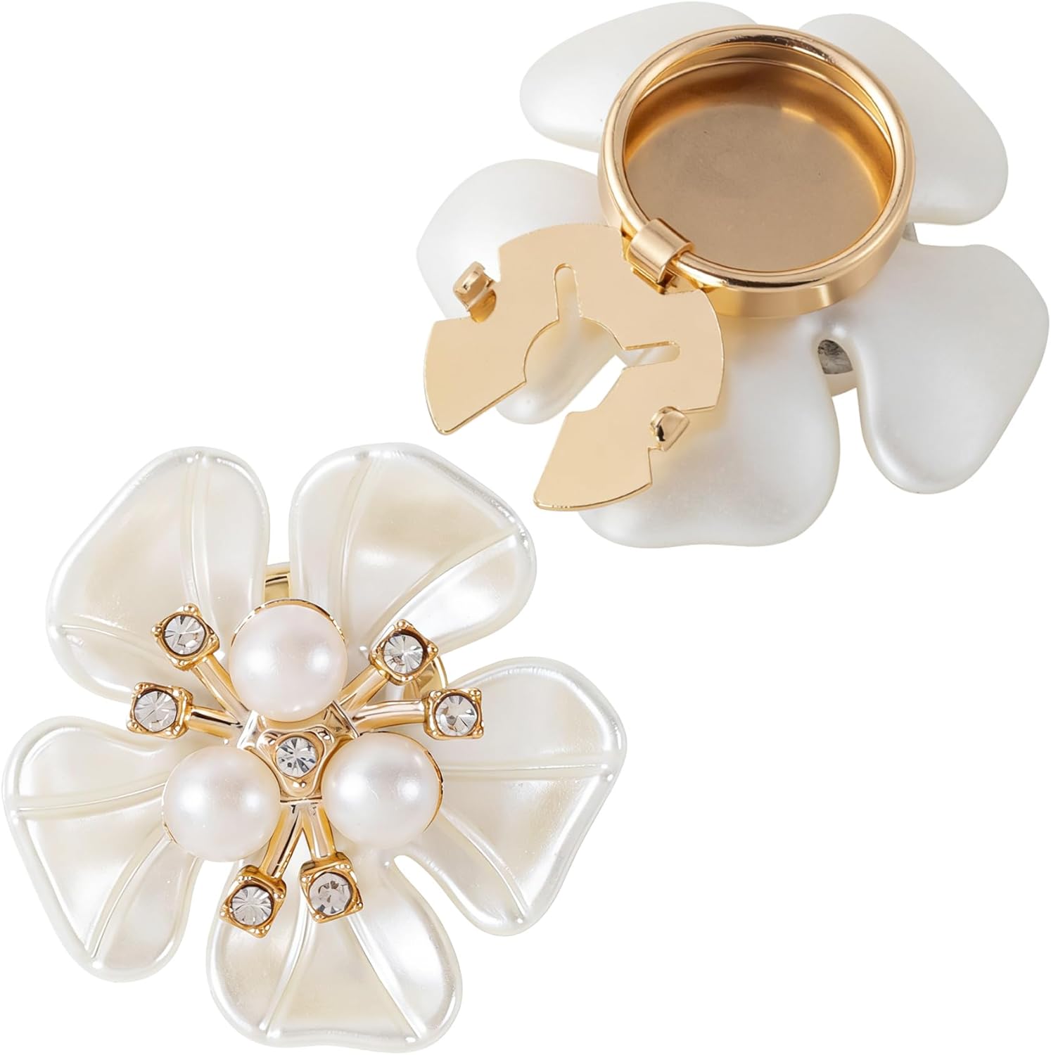 PAGOW 2pcs Pearl Button Jewelry Covers, Alloy Rhinestone Button Covers for Women Blouses, Flower Buttons Clips for Shirts Cufflinks DIY Crafts Sewing - White