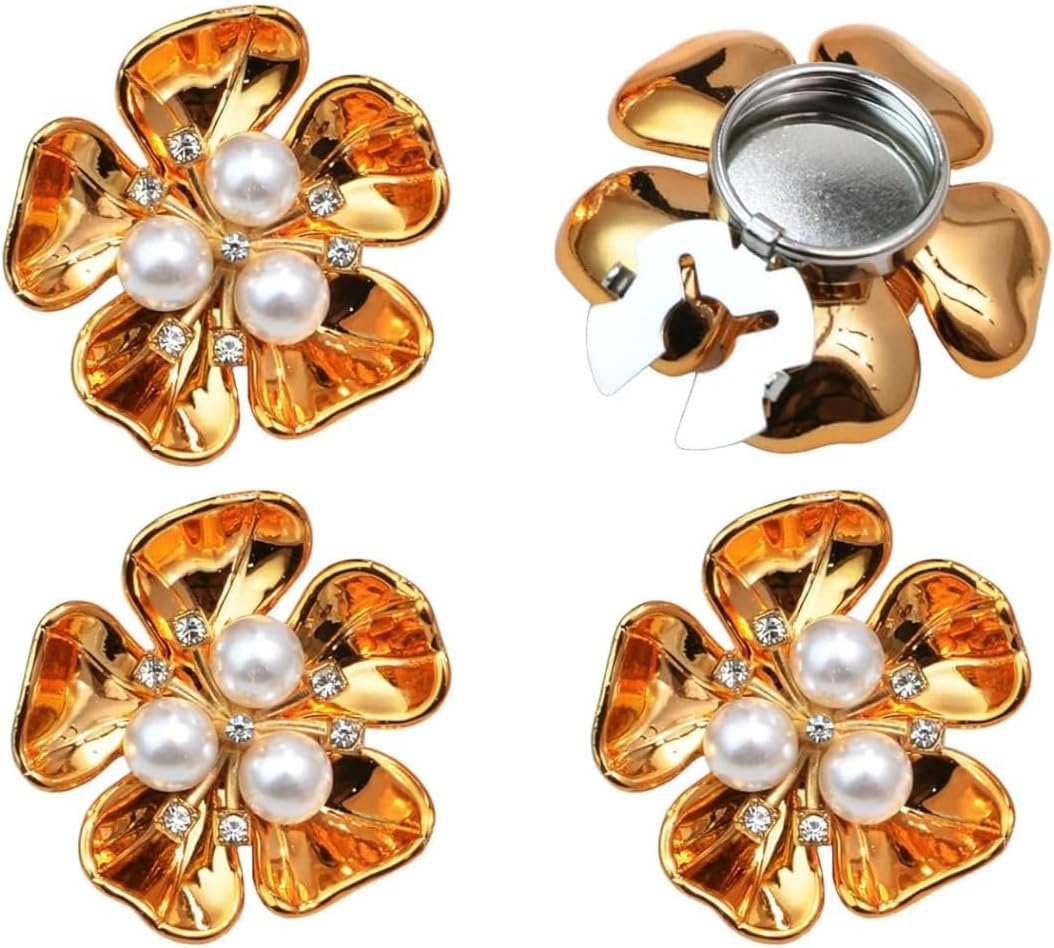 Rhinestone Button Covers for Women – Floral Petal Designs, Rich Color Selection, Clip-On Crystal Buttons for Blouses, Detachable Shirt Button Jewelry (Gold White-4Pcs)