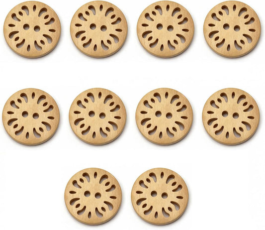 10Pcs 2 Hole Flower Craft Sewing Buttons Handmade Wooden Round Buttons for Clothing DIY Decoration (Natural Wood Color, 15MM)