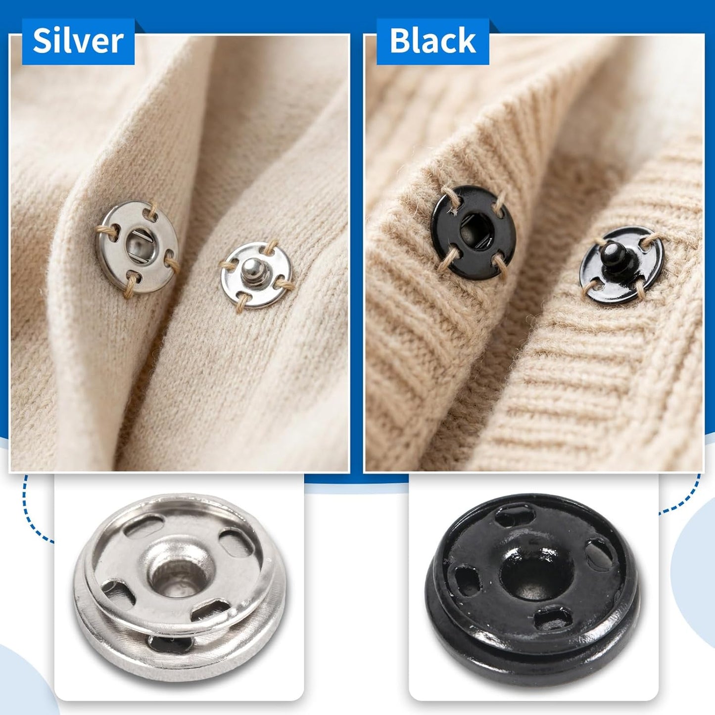 Snap Button Kit for Fabric Sewing – 140 Pairs Snap Buttons in Black & Silver, Complete Variety Set for Clothing Repair & DIY Craft Projects