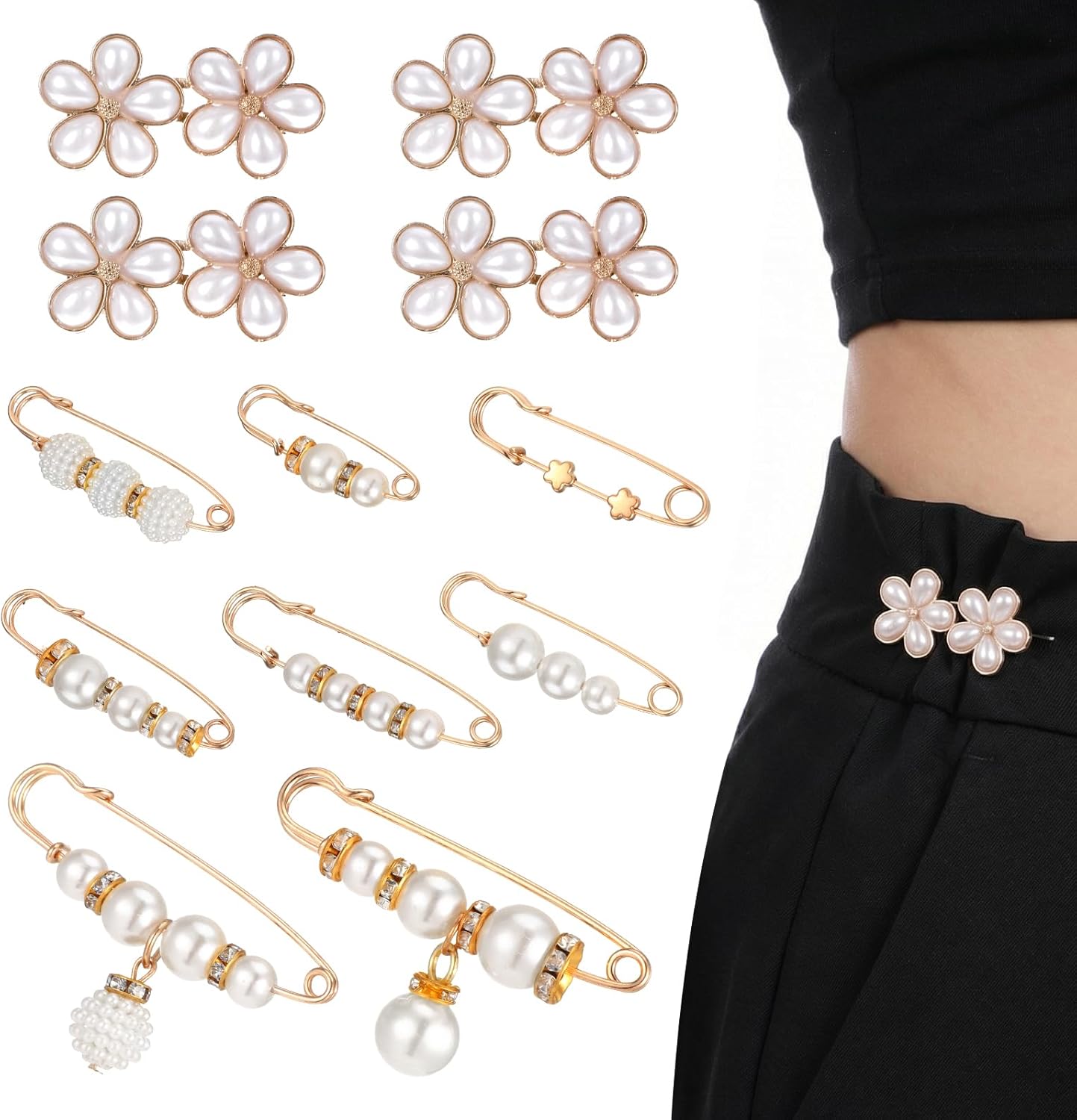 13 PCS No Sew Waist Tightener for Pants Women, No Sew and No Tools Pearl Jean Buttons for Loose Jeans, Removable Pants Jean Bclips to Tighten Waist Skirts Dress Clothing
