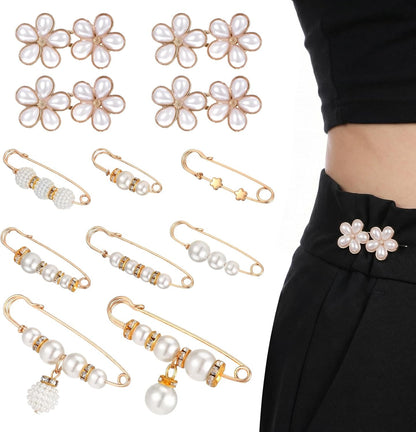 13 PCS No Sew Waist Tightener for Pants Women, No Sew and No Tools Pearl Jean Buttons for Loose Jeans, Removable Pants Jean Bclips to Tighten Waist Skirts Dress Clothing