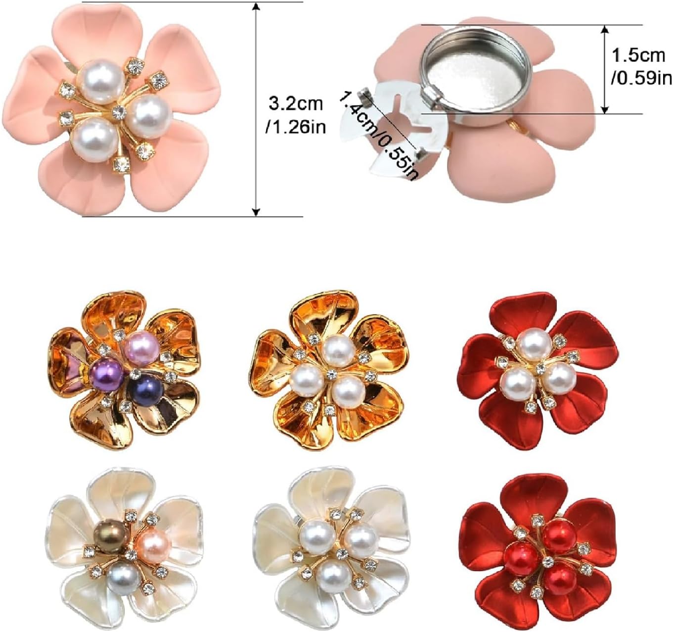 Rhinestone Button Covers for Women – Floral Petal Designs, Rich Color Selection, Clip-On Crystal Buttons for Blouses, Detachable Shirt Button Jewelry (Gold White-4Pcs)