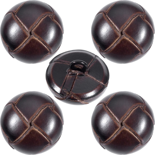 5pcs Genuine Leather Buttons for Clothes, 15mm Vintage Football Pattern Button with Shank, Round Decorative Fasteners Sewing Supplies for Coats Sweaters Dress Shoes DIY Crafts- Brown