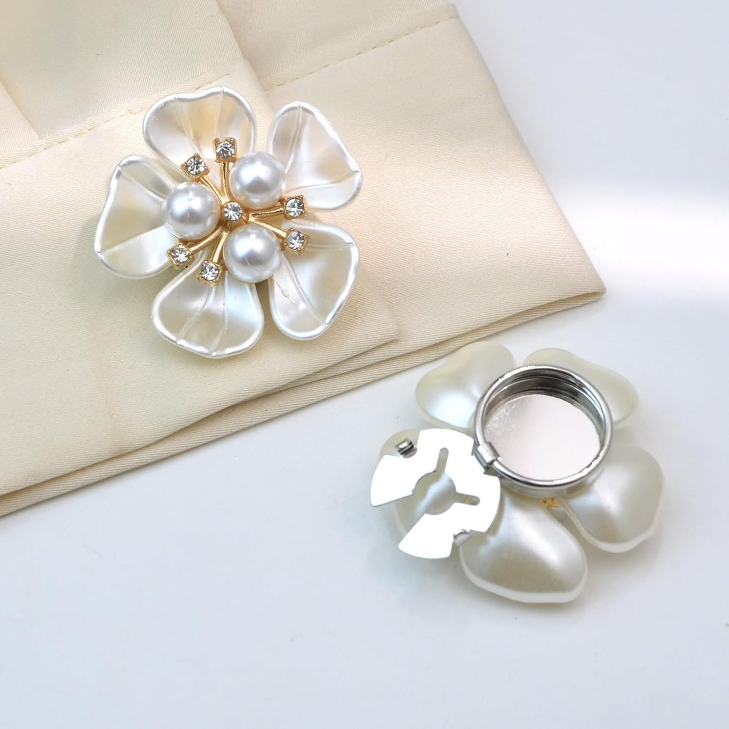 Rhinestone Button Covers for Women – Floral Petal Designs, Rich Color Selection, Clip-On Crystal Buttons for Blouses, Detachable Shirt Button Jewelry (Gold White-4Pcs)