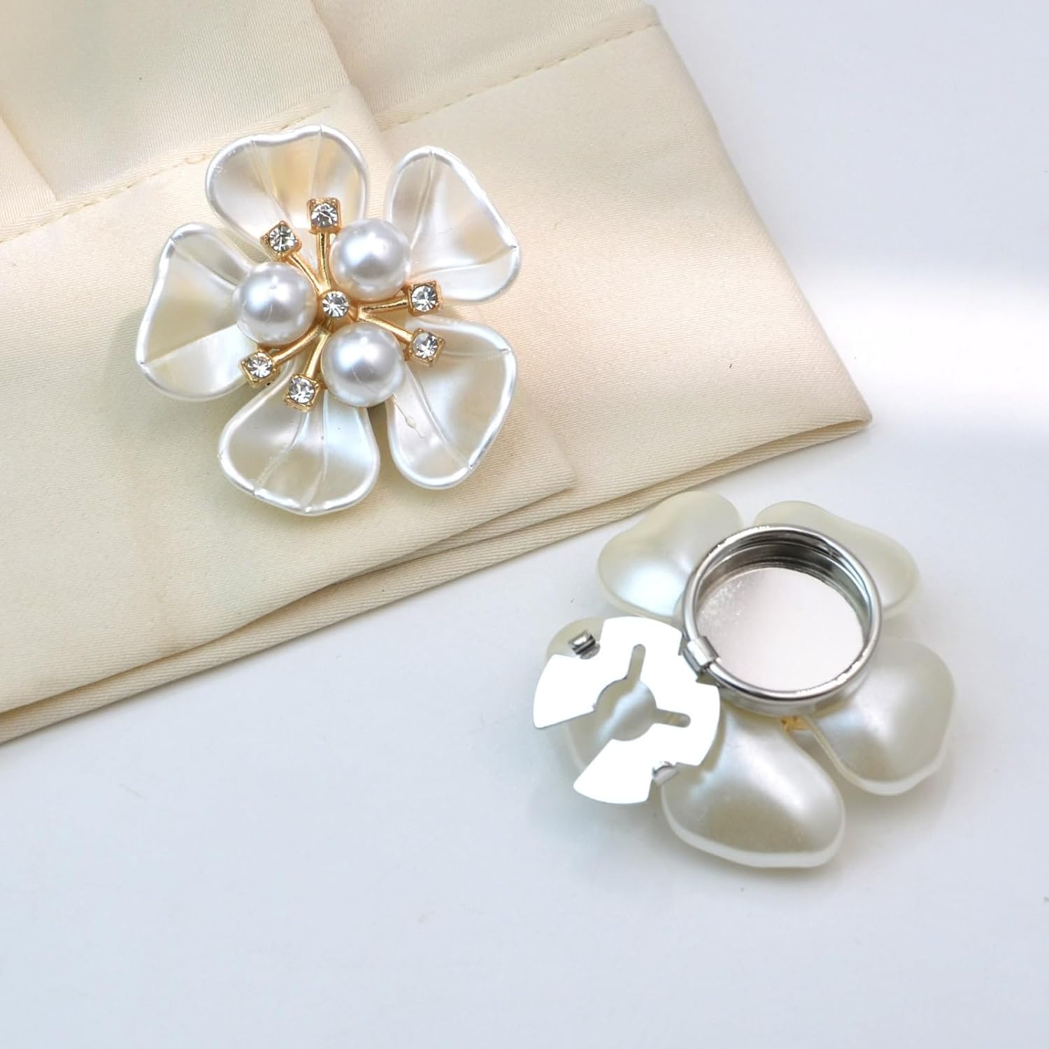 Rhinestone Button Covers for Women – Floral Petal Designs, Rich Color Selection, Clip-On Crystal Buttons for Blouses, Detachable Shirt Button Jewelry (Gold White-4Pcs)
