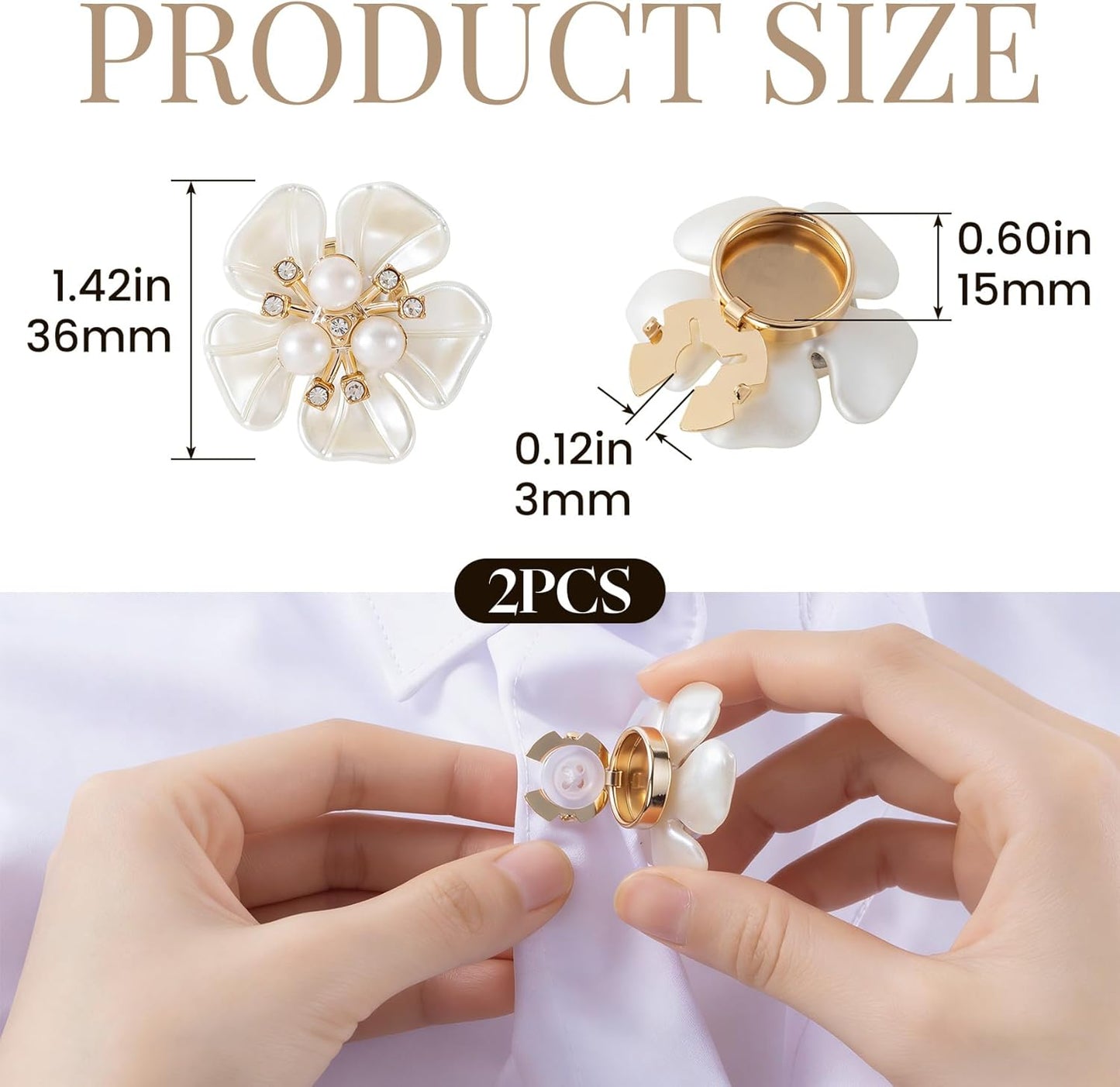 PAGOW 2pcs Pearl Button Jewelry Covers, Alloy Rhinestone Button Covers for Women Blouses, Flower Buttons Clips for Shirts Cufflinks DIY Crafts Sewing - White