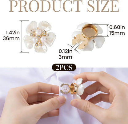 PAGOW 2pcs Pearl Button Jewelry Covers, Alloy Rhinestone Button Covers for Women Blouses, Flower Buttons Clips for Shirts Cufflinks DIY Crafts Sewing - White