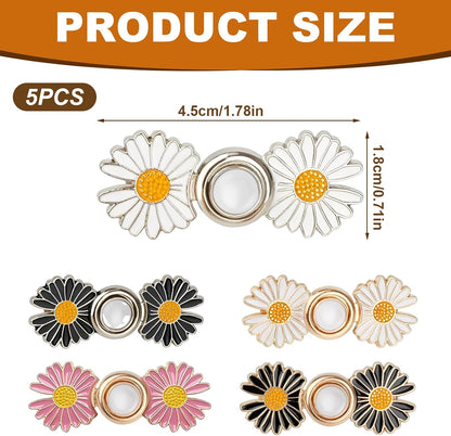 5 Sets Pant Waist Tightener, Detachable Daisy Flower Jean Buttons for Loose Jeans, No Sew No Tools Adjustable Button Pins, Instant Pants Waist Tightening Accessories