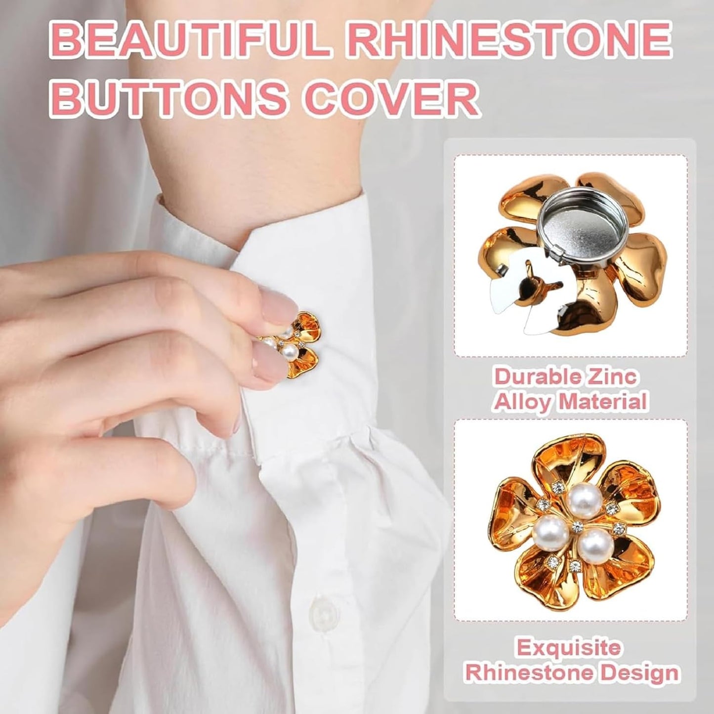 Rhinestone Button Covers for Women – Floral Petal Designs, Rich Color Selection, Clip-On Crystal Buttons for Blouses, Detachable Shirt Button Jewelry (Gold White-4Pcs)