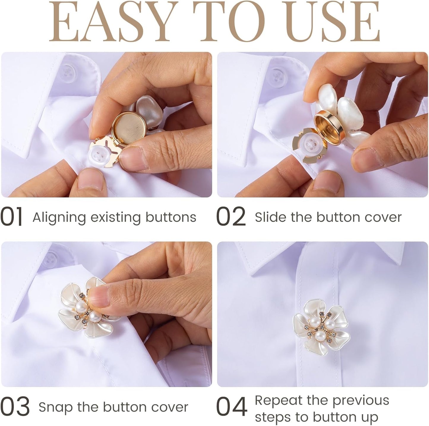 PAGOW 2pcs Pearl Button Jewelry Covers, Alloy Rhinestone Button Covers for Women Blouses, Flower Buttons Clips for Shirts Cufflinks DIY Crafts Sewing - White