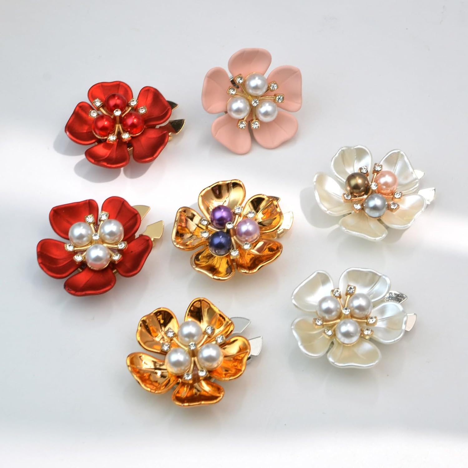Rhinestone Button Covers for Women – Floral Petal Designs, Rich Color Selection, Clip-On Crystal Buttons for Blouses, Detachable Shirt Button Jewelry (Gold White-4Pcs)