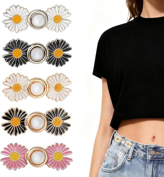 5 Sets Pant Waist Tightener, Detachable Daisy Flower Jean Buttons for Loose Jeans, No Sew No Tools Adjustable Button Pins, Instant Pants Waist Tightening Accessories