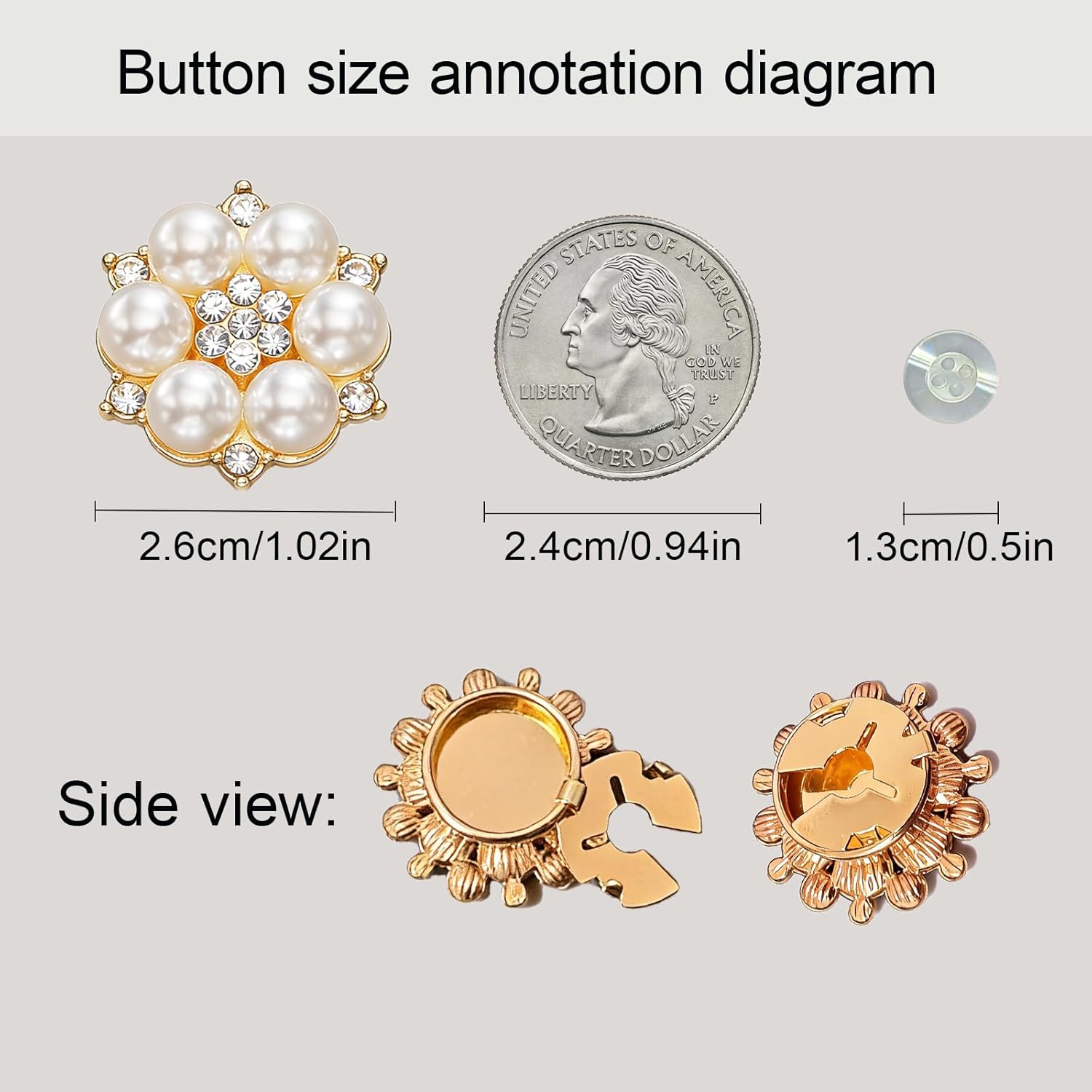 Button Covers Rhinestone Covers 6 Sets,20 Pcs 13mm / 0.5in White Sewing Buttons Crystal Clip on Jewelry Women Men for Sewing DIY Craft Decor Embellishment(Gold,26MM)