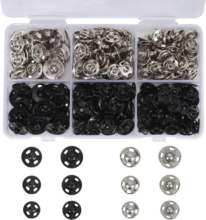 Snap Button Kit for Fabric Sewing – 140 Pairs Snap Buttons in Black & Silver, Complete Variety Set for Clothing Repair & DIY Craft Projects