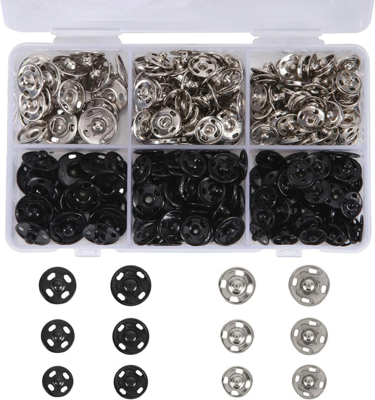 Snap Button Kit for Fabric Sewing – 140 Pairs Snap Buttons in Black & Silver, Complete Variety Set for Clothing Repair & DIY Craft Projects