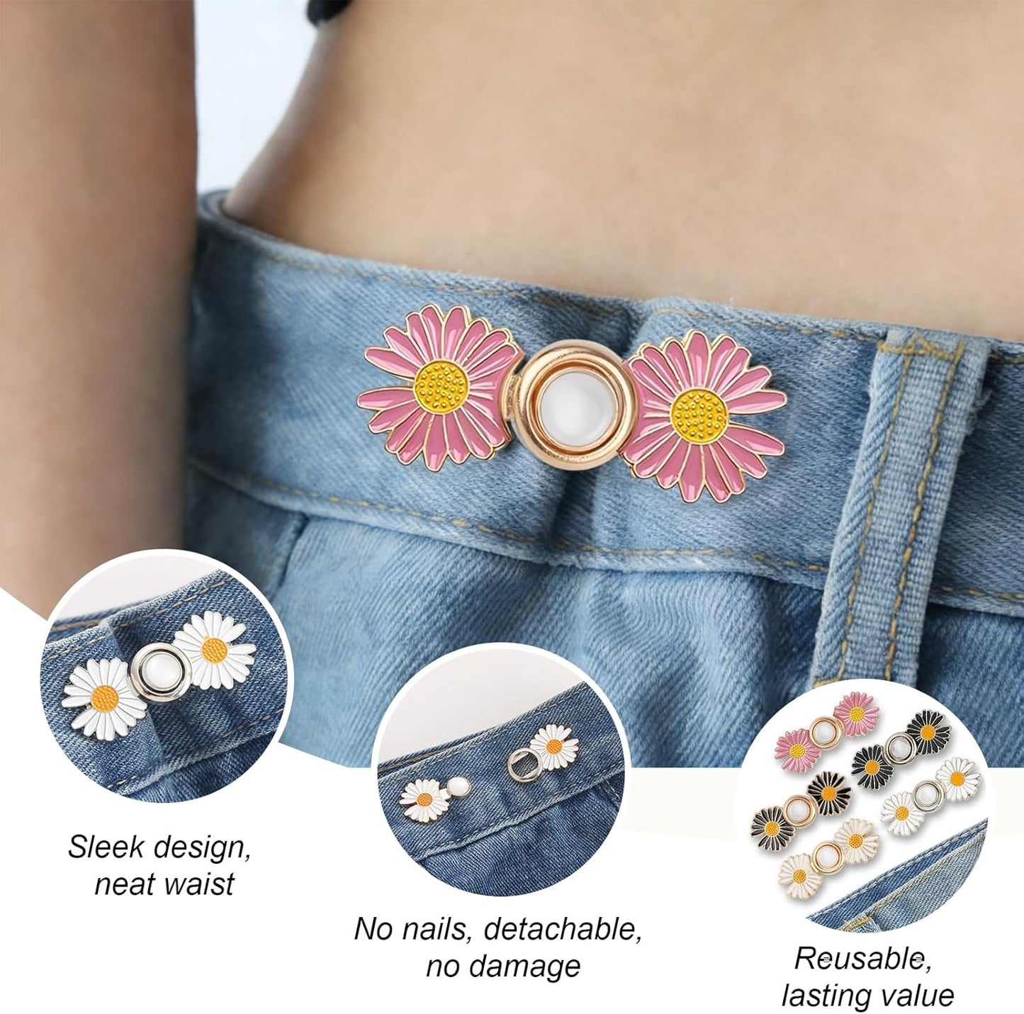 5 Sets Pant Waist Tightener, Detachable Daisy Flower Jean Buttons for Loose Jeans, No Sew No Tools Adjustable Button Pins, Instant Pants Waist Tightening Accessories