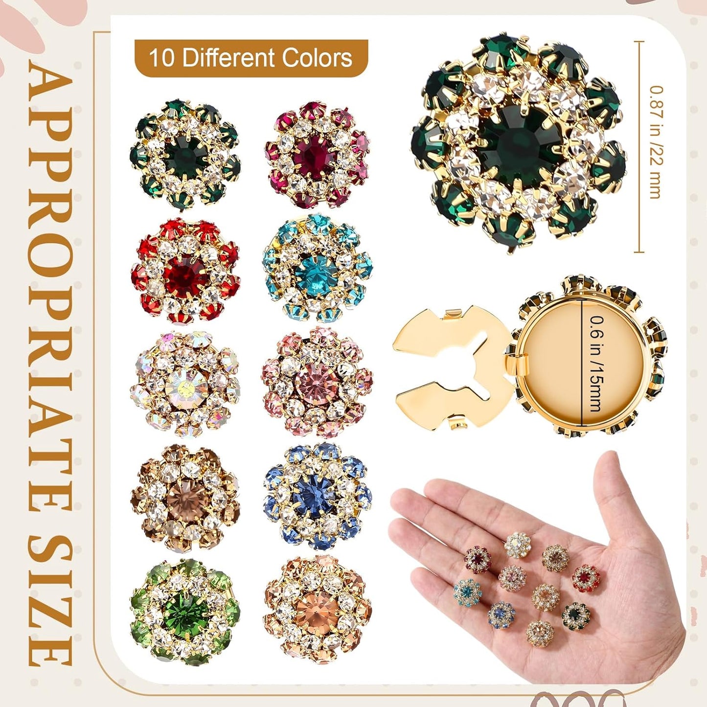 Shappy 20 Pcs Rhinestone Flower Button Covers for Women Clips Color Sewing Buttons Jewelry Clip Crystal Button for Crafting DIY Clothing(Round,22 mm)