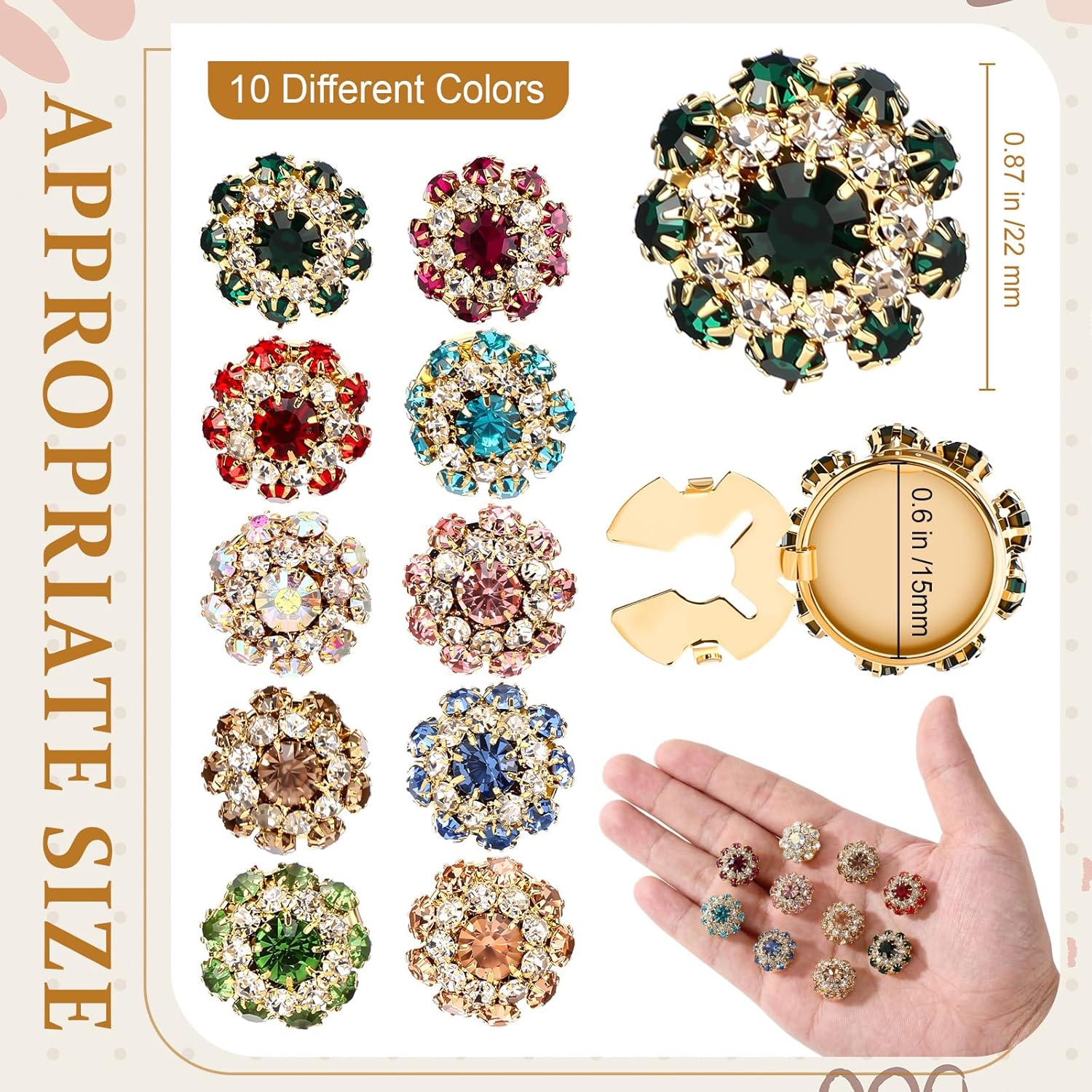 Shappy 20 Pcs Rhinestone Flower Button Covers for Women Clips Color Sewing Buttons Jewelry Clip Crystal Button for Crafting DIY Clothing(Round,22 mm)