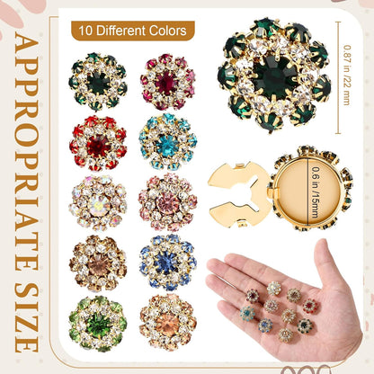 Shappy 20 Pcs Rhinestone Flower Button Covers for Women Clips Color Sewing Buttons Jewelry Clip Crystal Button for Crafting DIY Clothing(Round,22 mm)