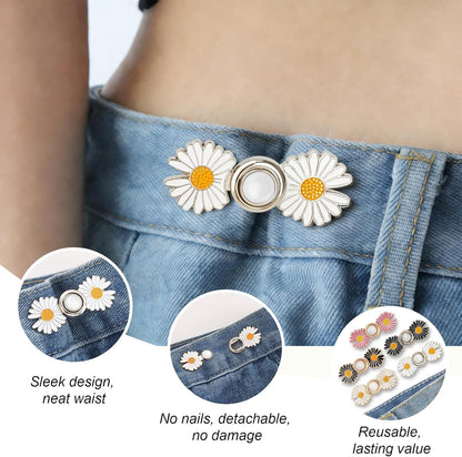 5 Sets Pant Waist Tightener, Detachable Daisy Flower Jean Buttons for Loose Jeans, No Sew No Tools Adjustable Button Pins, Instant Pants Waist Tightening Accessories