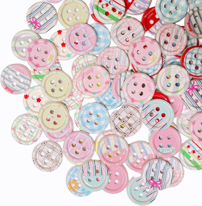 18mm Round 4 Holes Acrylic Buttons, 80 Pcs Assorted DIY Crafts Buttons, Sweet Floral Bowknot Stripe Design Buttons for DIY Sewing Knitting, Clothing, Bag, Shoes Decoration, Jewelry Making (Pink)