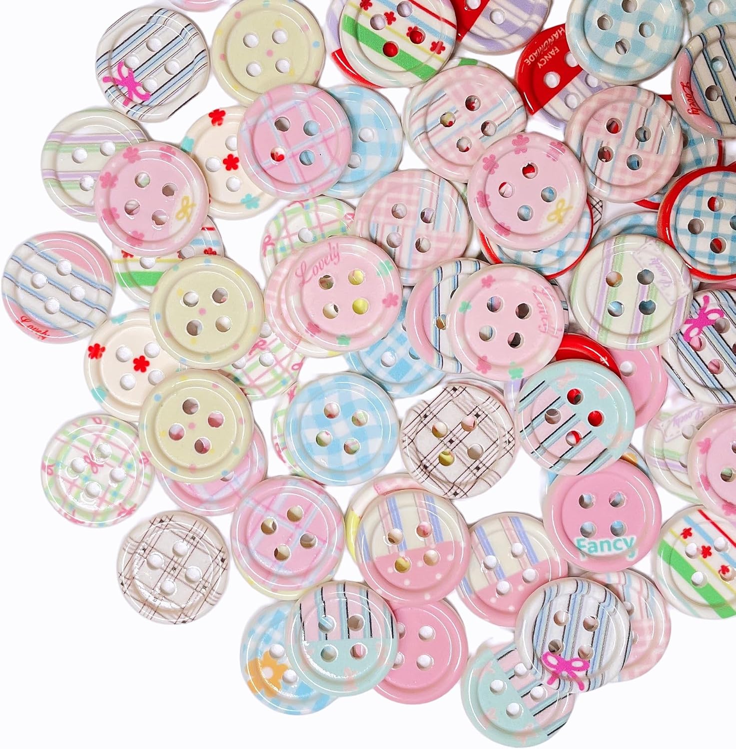18mm Round 4 Holes Acrylic Buttons, 80 Pcs Assorted DIY Crafts Buttons, Sweet Floral Bowknot Stripe Design Buttons for DIY Sewing Knitting, Clothing, Bag, Shoes Decoration, Jewelry Making (Pink)