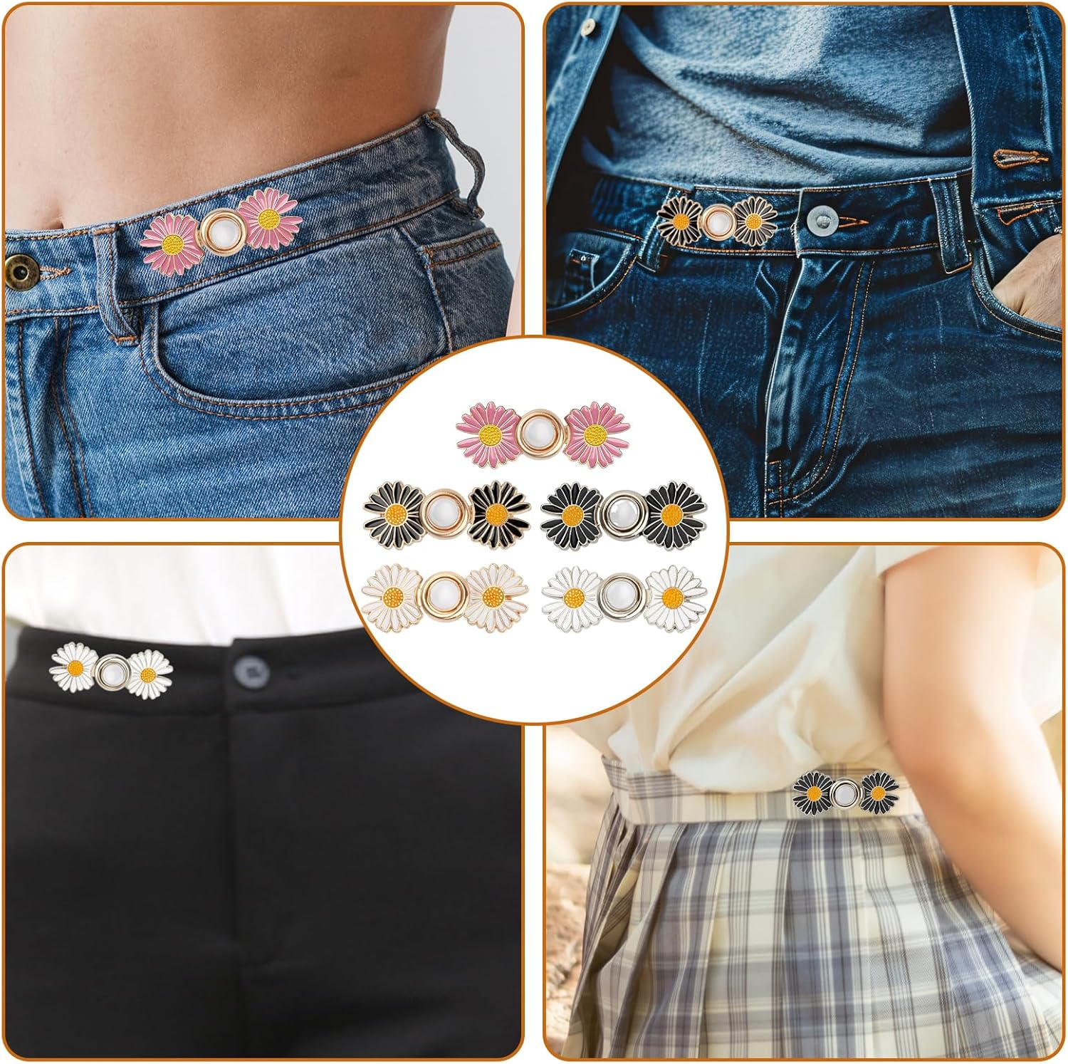 5 Sets Pant Waist Tightener, Detachable Daisy Flower Jean Buttons for Loose Jeans, No Sew No Tools Adjustable Button Pins, Instant Pants Waist Tightening Accessories