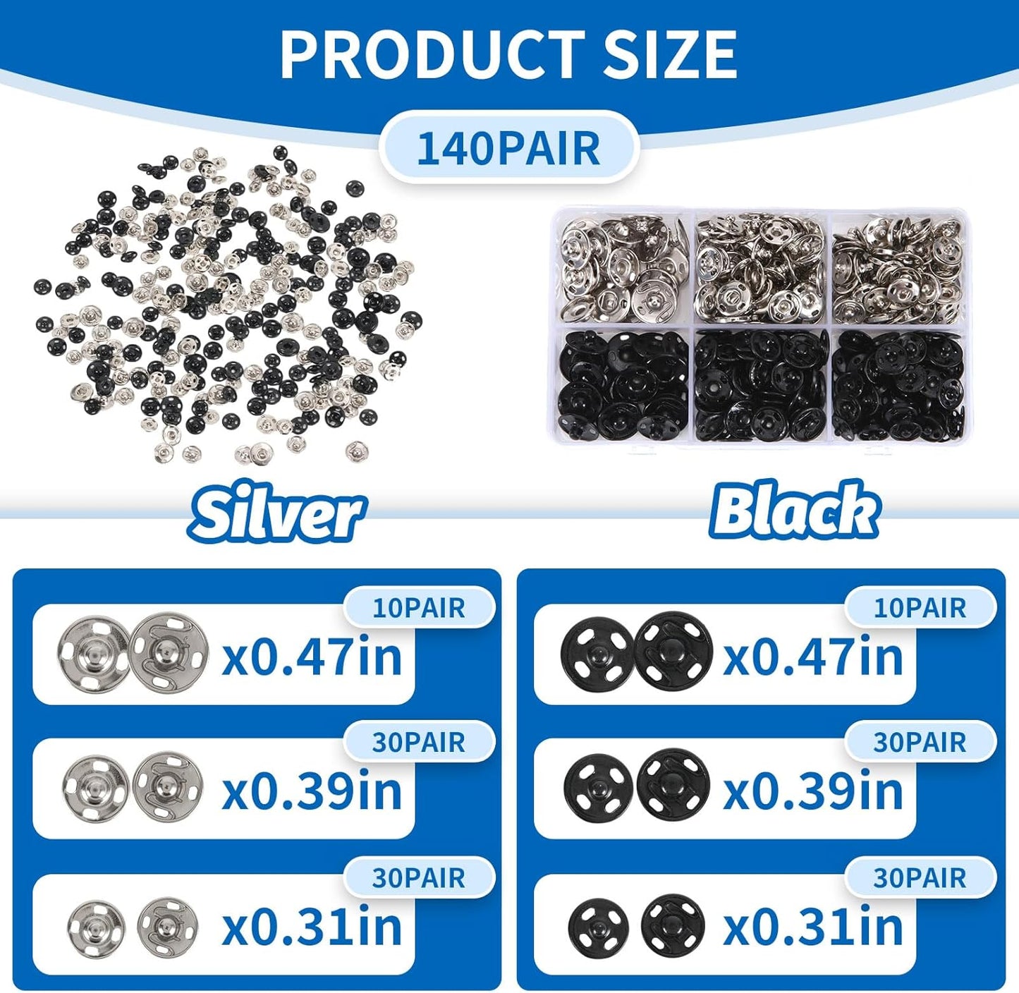 Snap Button Kit for Fabric Sewing – 140 Pairs Snap Buttons in Black & Silver, Complete Variety Set for Clothing Repair & DIY Craft Projects