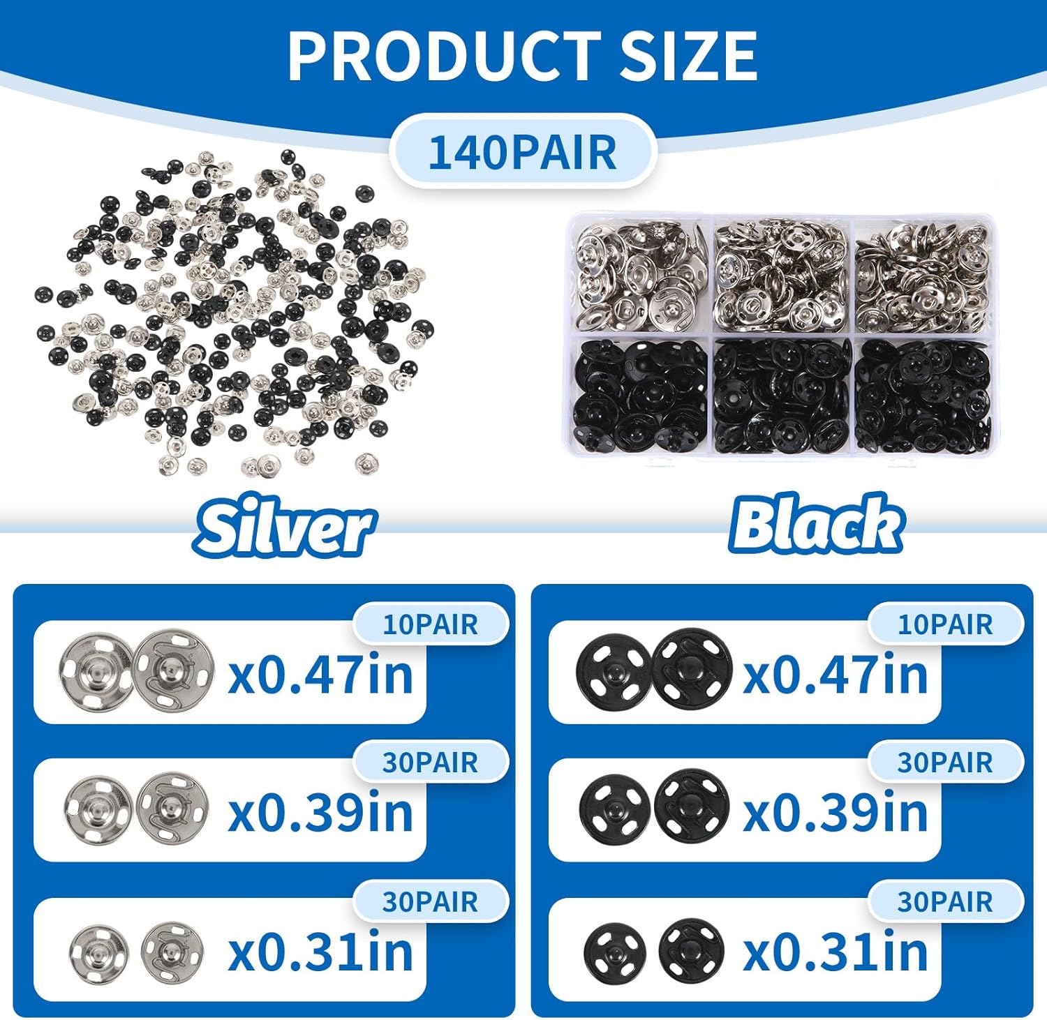 Snap Button Kit for Fabric Sewing – 140 Pairs Snap Buttons in Black & Silver, Complete Variety Set for Clothing Repair & DIY Craft Projects