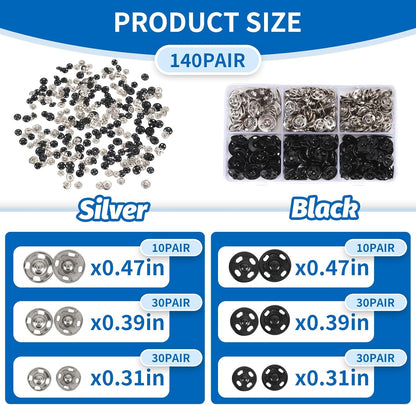 Snap Button Kit for Fabric Sewing – 140 Pairs Snap Buttons in Black & Silver, Complete Variety Set for Clothing Repair & DIY Craft Projects