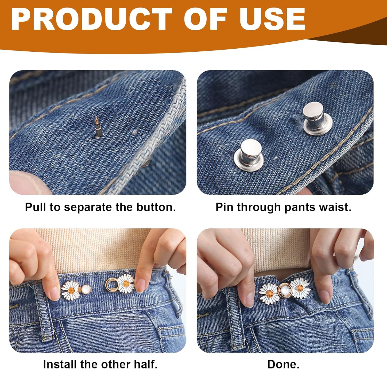 5 Sets Pant Waist Tightener, Detachable Daisy Flower Jean Buttons for Loose Jeans, No Sew No Tools Adjustable Button Pins, Instant Pants Waist Tightening Accessories