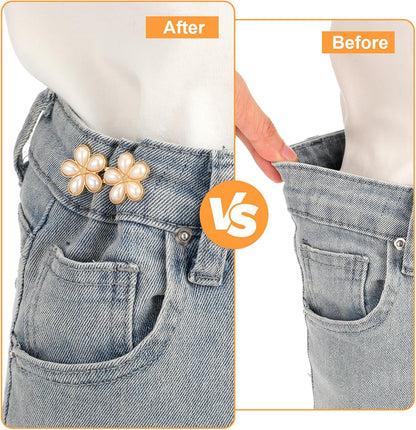 13 PCS No Sew Waist Tightener for Pants Women, No Sew and No Tools Pearl Jean Buttons for Loose Jeans, Removable Pants Jean Bclips to Tighten Waist Skirts Dress Clothing
