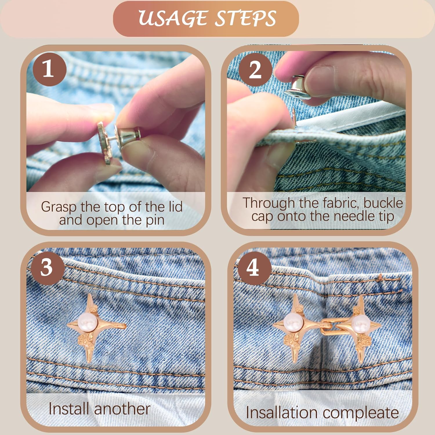 10 Set Pant Waist Tightener, Adjustable Pearl four-pointed star Pant Clips Waist Tightener Buttons Pins for Loose Jeans Waist Tightener for Pants Women