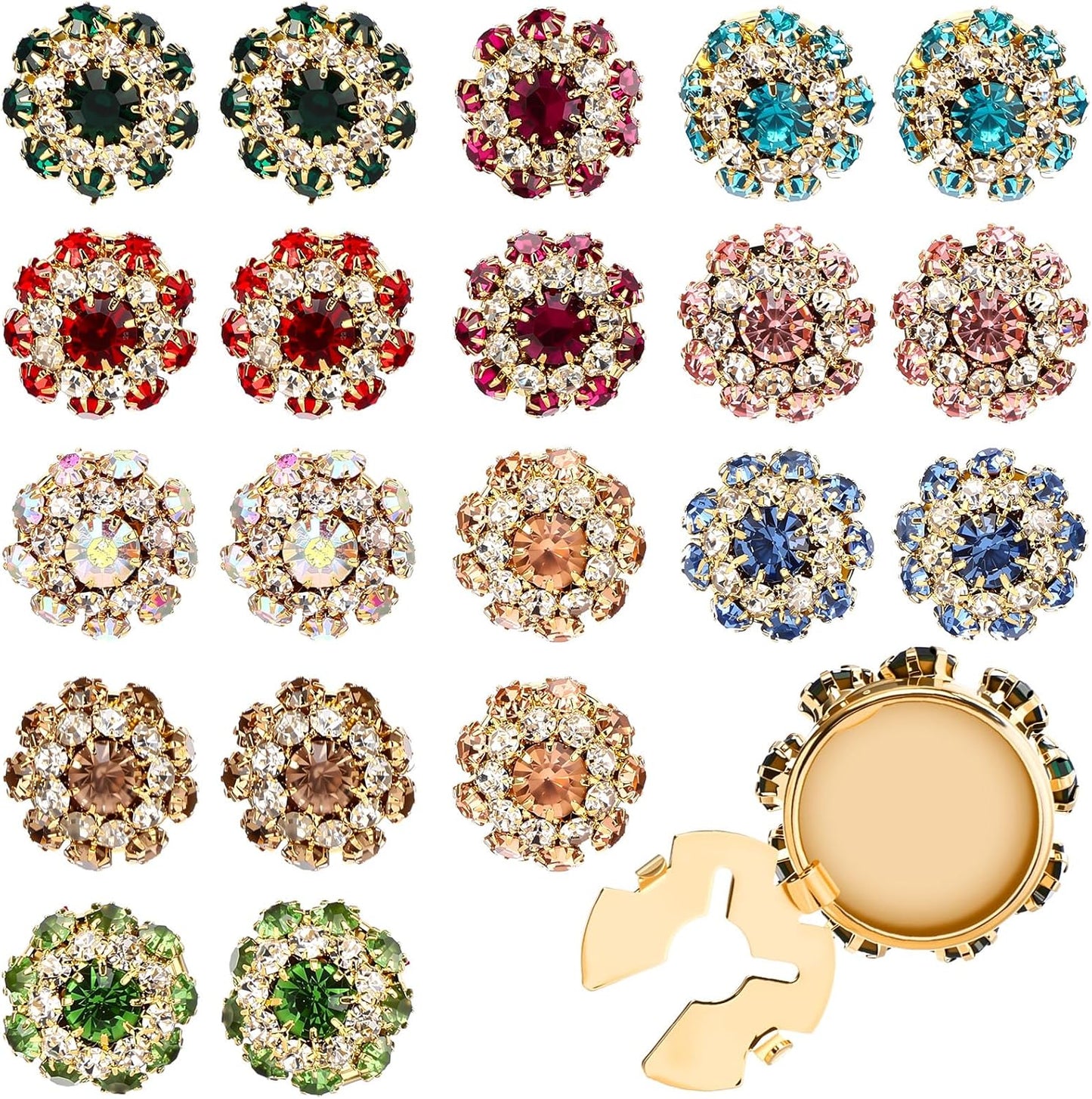 Shappy 20 Pcs Rhinestone Flower Button Covers for Women Clips Color Sewing Buttons Jewelry Clip Crystal Button for Crafting DIY Clothing(Round,22 mm)