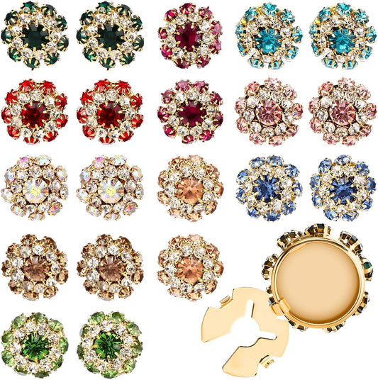 Shappy 20 Pcs Rhinestone Flower Button Covers for Women Clips Color Sewing Buttons Jewelry Clip Crystal Button for Crafting DIY Clothing(Round,22 mm)