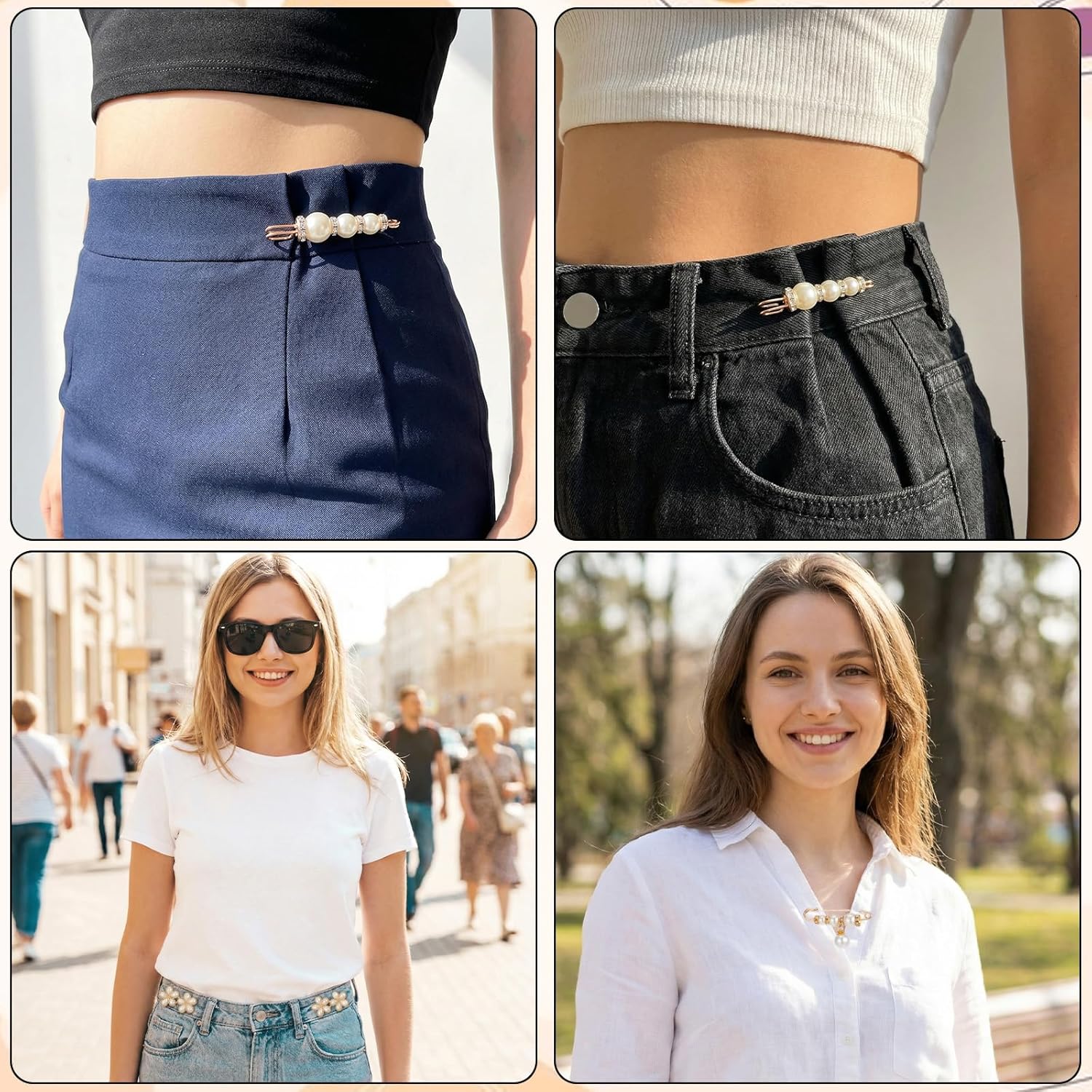 13 PCS No Sew Waist Tightener for Pants Women, No Sew and No Tools Pearl Jean Buttons for Loose Jeans, Removable Pants Jean Bclips to Tighten Waist Skirts Dress Clothing