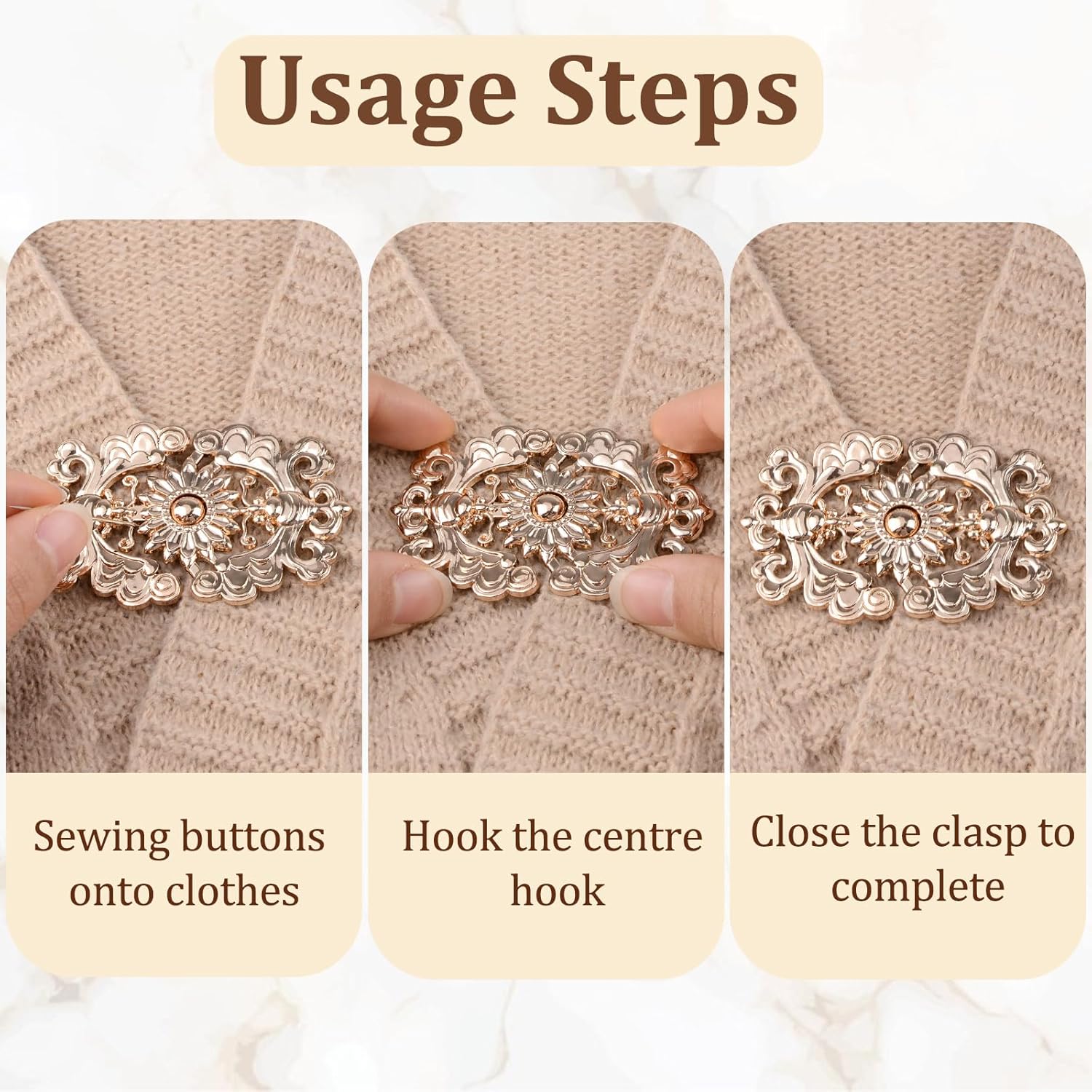 WANDIC Cloak Clasp Fasteners, 3 Pairs 2.7 * 5.5cm Sewing Buttons Silver Diamond Flower Sweater Shawl Clip(requires sewing)