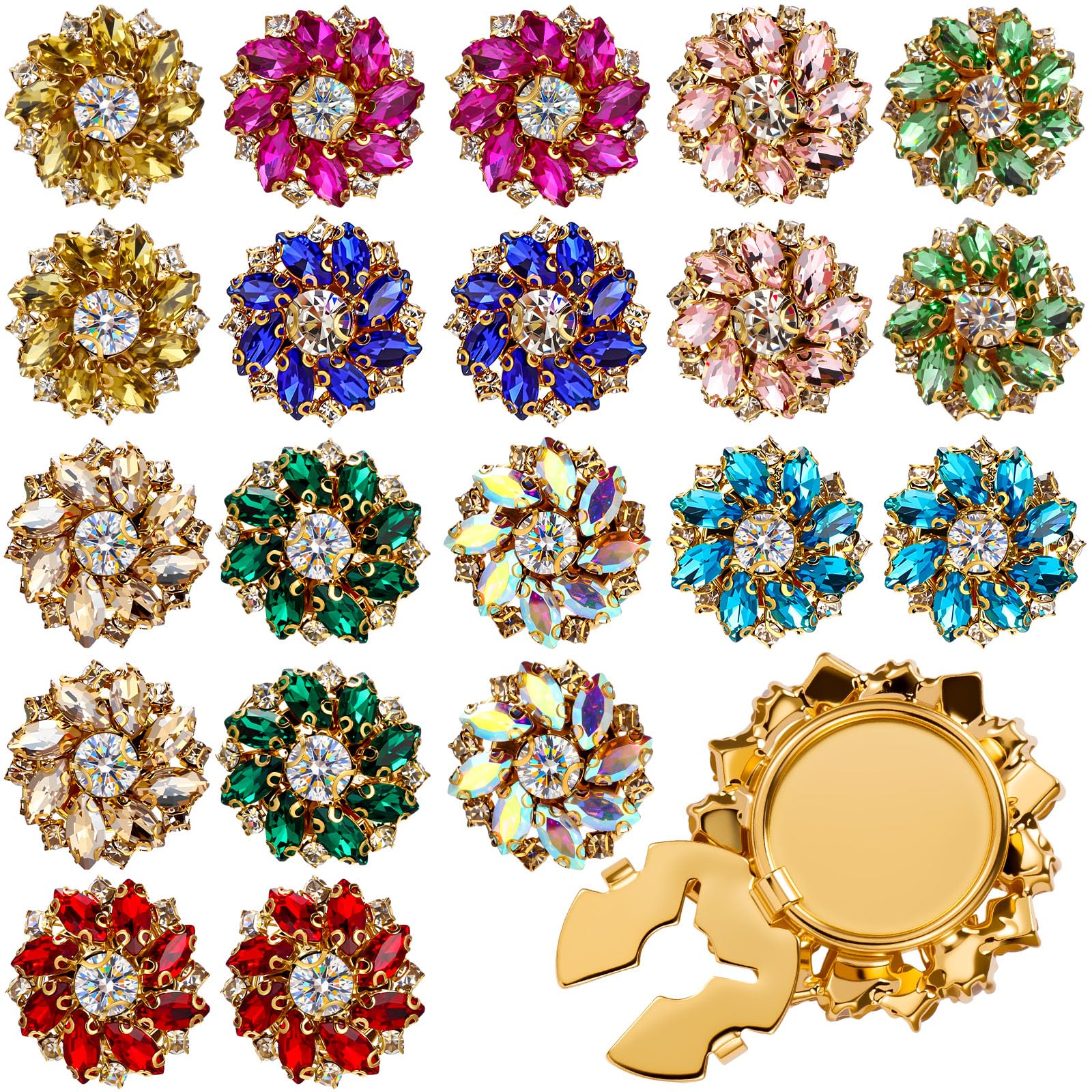 Shappy 20 Pcs Rhinestone Flower Button Covers for Women Clips Color Sewing Buttons Jewelry Clip Crystal Button for Crafting DIY Clothing(Round,22 mm)