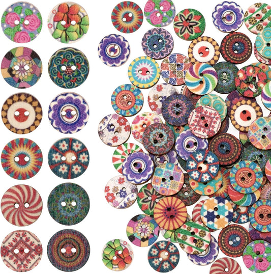 PAGOW 200pcs Vintage Wooden Buttons, 0.59" Multicolor Wood Craft Buttons with 2 Holes, Retro Floral Patterns Small Round Button for Sewing, Scrapbooking, DIY